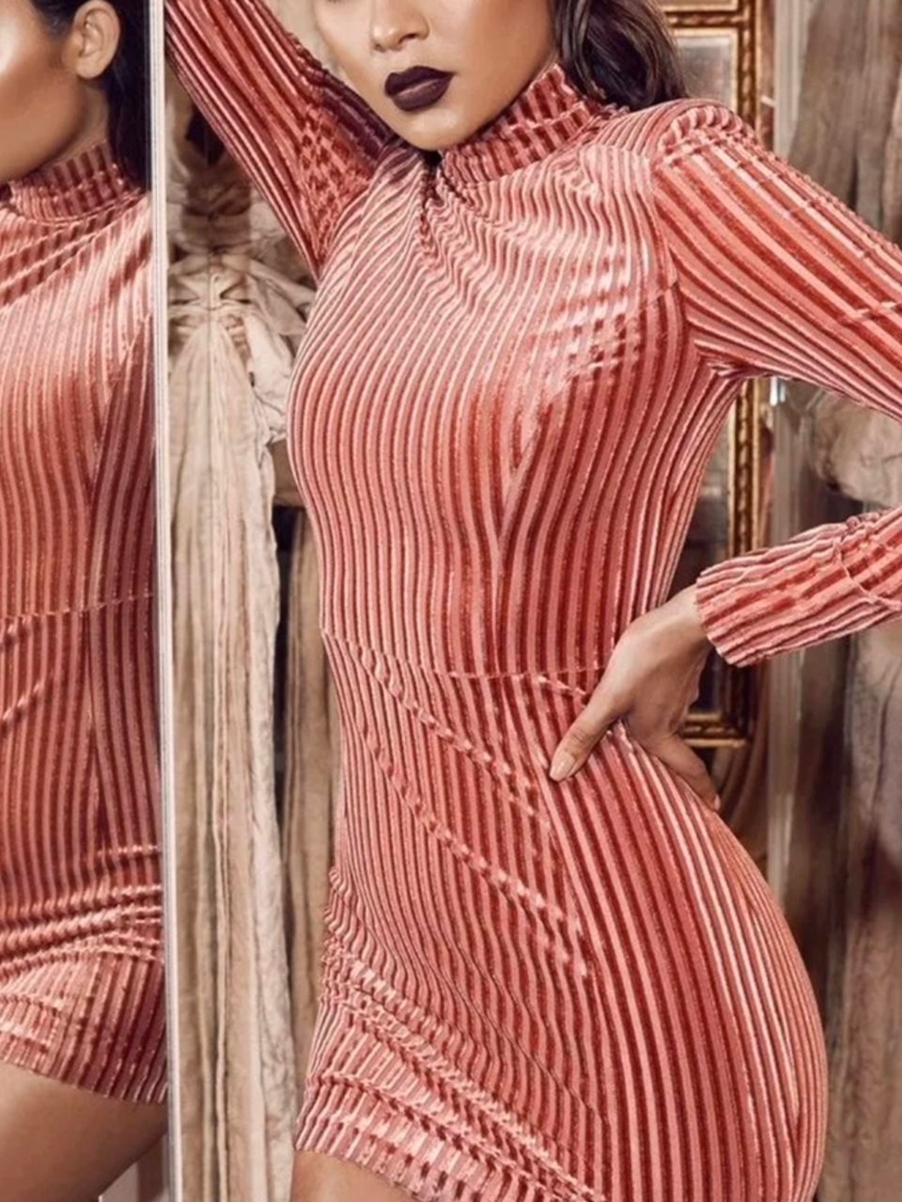 House of CB London Dusty Rose Velvet Ribbed Bodycon Mini Dress Size M